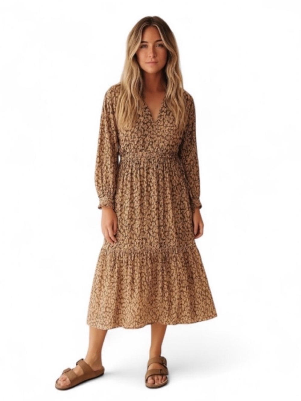 Rails Batik Cheetah Print Ruched Side Tie Cottagecore Midi Dress in Maple Small